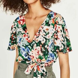 Zara Floral Wrap Tie Blouse